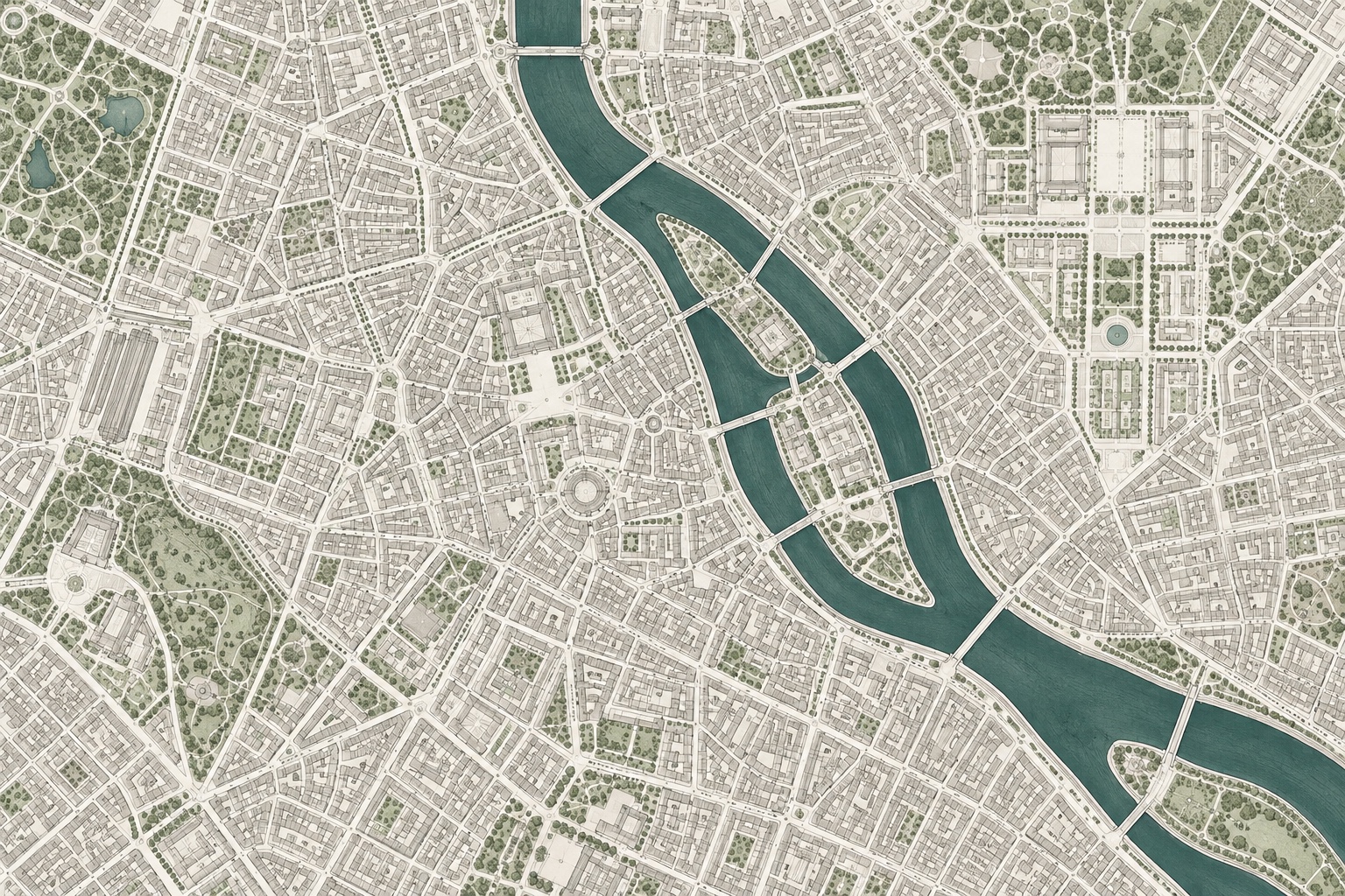 Illustrated fictional city blocks, parks and a canal