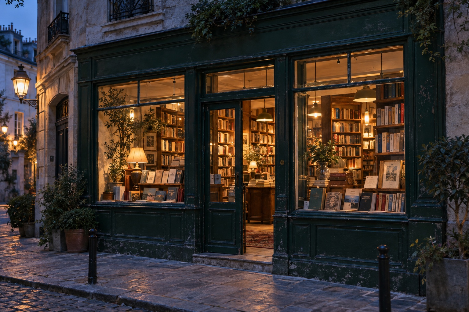 Concept photograph of a bookshop glowing at blue hour